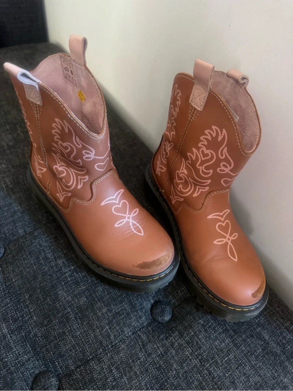 Kids Dr. Martens Pink-Brown Strixton J Western Pull-On Boots